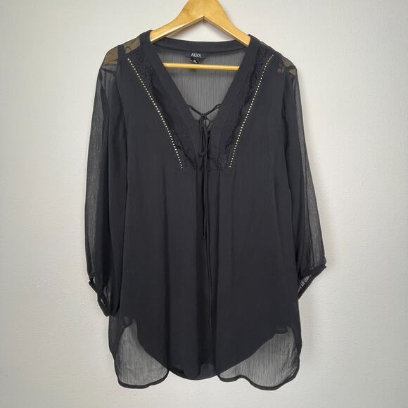 Alyx Sheer Studded‎ Lace Top Plus Size 3X Black Whimsigoth Fairycore 3/4 Sleeves - Picture 1 of 5